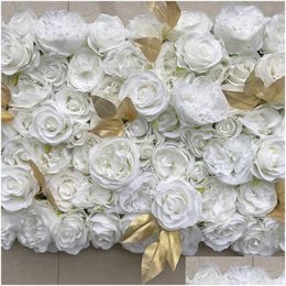 Decorative Flowers Wreaths White Gold 3D Flower Wall Panel Runner Wedding Artificial Silk Rose Peony Backdrop Decorat Dhvsr