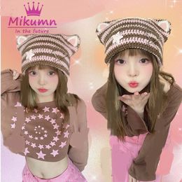 Beanie/Skull Caps Harajuku Y2k Cute Star Pin Cat Ear Stripe Knitted Hat Women Girls Winter Warm Streetwear 231102