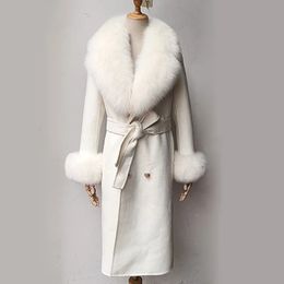 Women's Wool Blends Real Fur Collar Women Long blended Coat Sleeve With Cuff Fashion Slim Female Winter Cashmere Jacket 231102