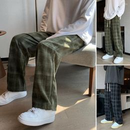 Men's Pants Mid-Rise Elastic Waist Men Drawstring Pockets Straight Wide Leg Male Sweatpants Plaid Print Loose Casual Corduroy