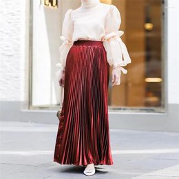 Ethnic Clothing Fashion 2023 Women Pleated Flare Long Skirt Solid Color Elastic High Waist Satin Maxi Skirts Muslim Floor Length Femme Dress