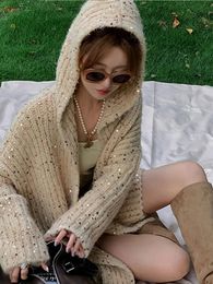 Women's Jackets American Sequined Woman Knitted Cardigan Long Sleeved Hoodie Loose Sweater Coat Autumn Sweet Design Female Chic Street Clothing 231102