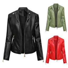 Women's Jackets 2023 Autumn Faux Leather Jacket For Women PU Short Lapel Zipper Biker Coats Motorcycle Style Stand Collar Slim Top