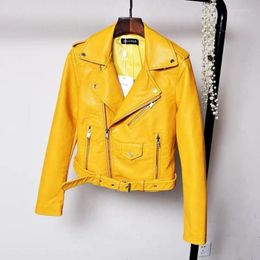 Women's Leather Spring Autumn Faux Yellow Bomber Jacket Locomotive Belted PU Coat Zipper Cardigan Turn Down Collar Streetwear Crop Tops