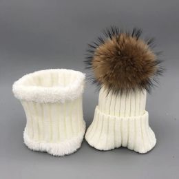 Beanie/Skull Caps winter hat set Boys Girls Kids Warm Fleece Liner Hats set Winter Hat For Children Baby 100% Fur Pompom Skullies Beanies 231102