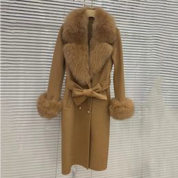 Женское полушерстяное пальто 2023, длинное женское кашемировое пальто с большим воротником из натурального меха, модная зимняя куртка, двубортный ремень, верхняя одежда, манжеты 231102