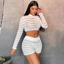 Women's Tracksuits Sexy Sheer See Through Knitted Two Pieces Womens Short Sets 2023 Autumn Fashion Long Sleeve Cropped Top And Mini Bodycon