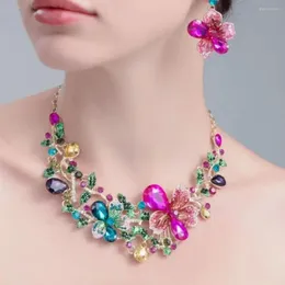 Necklace Earrings Set Flower Leaf Shape Colourful Rhinestone Jewellery For Women Luxury Prom