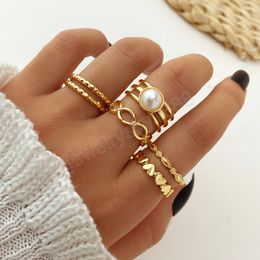 Vintage Gold Colour Pearl Rings Set For Women Men Hollow Pearl Geometric Rings Trendy Finger Jewellery Accessories