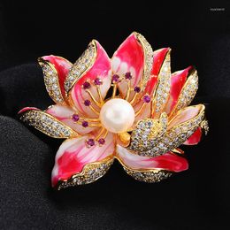 Brooches Female Fashion Crystal Pearl Lotus For Women Luxury Yellow Gold Color Enamel Zircon Alloy Plant Brooch Safety Pins