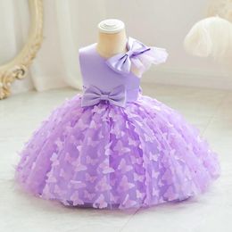 Girl Dresses Pink Flower Dress Wedding Tulle Applique Butterfly With Bow Off Shoulder Baby Birthday Party Ball Gowns For Kids