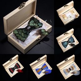 Bow Ties KAMBERFT design handmade feather bow tie brooch wooden box set high quality men's bowtie leather tie for wedding party banquet 231102