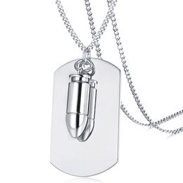 Stainless Steel Men's Blank Dog Tag Necklace with Bullet Pendant on Chain - Silver Gold Black336Z