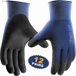 Five Fingers Gloves 12pairs Ultra-Thin PU Coated Work Gs Excellent Grip Nylon Shell Black Polyurethane Coated Safety Work Gs Knit Wrist CuffL231103