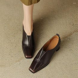 Dress Shoes 2023 Autumn Split Leather Loafers French Square Toe Chunky Heel High Heels Winter Women Pumps For Zaptos Mujer