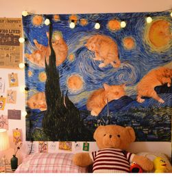 Starry sky orange cat background cloth vintage oil painting art hanging cloth rental house renovation bedroom dormitory bedside decoration tapestry mandala art