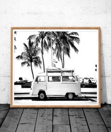 Vintage Coastal Pography Print Retro Bus Van Camper And Black Palm Tree Canvas Painting Wall Picture Coastal Art Decor4375580