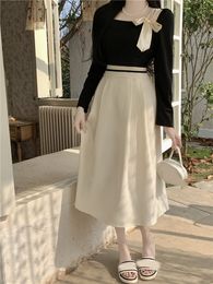 Women's square collar bow patched long sleeve Colour block high waist midi long a-line dress SML