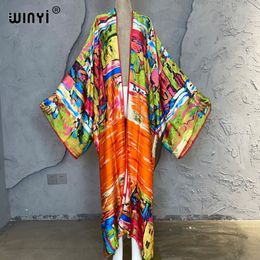 Women's Swimwear WINYI summer Women Graffiti printing Long Sleeve Cardigan Female Loose beach Cover Up boho dress Streetwear kimono 230403