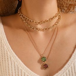 Pendant Necklaces HI MAN Hip-Hop Rock Magic Red Green Crystal Four-Layer Asymmetrical Six-Pointed Star Necklace Women Banquet Jewelry