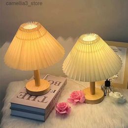 Desk Lamps Retro Pleated Table Lamp Korean Wood Dimming Paper Desk Lamp Cute Creative Night Light Bed Lamp Gift for Girlfriend Q231104