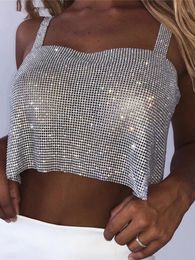 Camisoles Tanks Bling Rhinestones Party Crop Top Fashion Solid Backless Straps Full Diamonds Sequins Cami Cropped for Women 230403