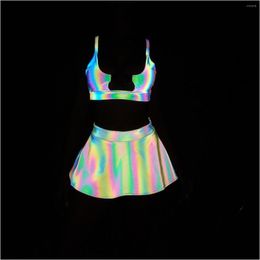 Women'S Swimwear Womens Swimwear Rainbow Reflective Women Rave Swimsuit Summer 3 Piece Bikini Set Skirt Mini Triangle Buckle Bra Top S Dhmix