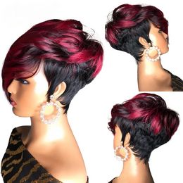 Brazilian Virgin Hair Short Bob Wig With Natural Bang Ombre Red Pixie Cut Wigs For Women Wig Human Hair