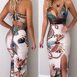 Women Peacock Feather Print Thigh Slit Slip Dress Maxi Dress Party Summer Bodycon Dress V Neck2758