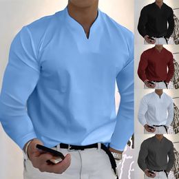 Men's T-Shirts Men's Long Sleeve V-Neck Solid T-Shirt Elastic Comfort Loose Sweatshirt Polo Shirt Daily Casual Wear S-2XL 230403