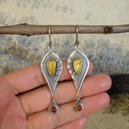 Dangle Earrings Creative Handmade Silver Color Leaves Pendant Jewelry Lovely Retro Yellow Resin Red Rhinestone For Women