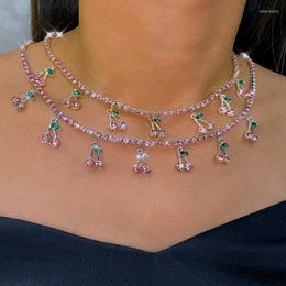 Chains BYNOUCK Pink Rhinestones Tennis Necklaces For Women 7 Cherry Pendants 2023 Women's Chain On The Neck Statement Jewelry Gifts