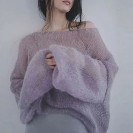 Women Blends MEXZT Vintage Hollow Out Thin Sweater Sexy Slash Neck Knit Pullovers Korean Sweet Elegant Loose Soft Sweatshirt Tops 231102