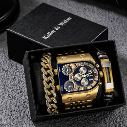 Wristwatches Luxury Golden Watches for Men Fashion Quartz Man Watch Bracelets Set Men's Big Dial Wristwatch Set Gift for Husband Reloj Hombre 230403