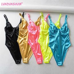 Women's Jumpsuits Rompers LUNDUNSHIJIA Summer Women Gold Stretch Self-cultivation Sexy Bodysuit Jumpsuit Fluorescent Green Female Camisole Jumpsuit 230331