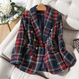 Women's Suits Blazers High Quality Thick Winter Blazer Women Fashion Ladies Red Blue Plaid Coat Female Slim Casual Single Breasted Jacket 230403