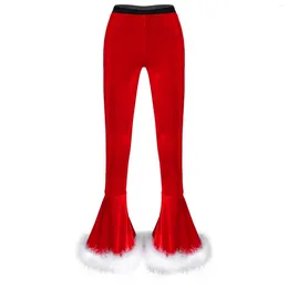 Women's Pants Winter High Waist Flared Casual Faux Fur Adorned Bell Bottoms Trousers Women Vintage Velvet Christmas Sweatpant