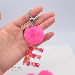 Keychains Red Rose Petal Gold Foil Filling 26 Letters Keychain With Pink Pompom Key Ring Exquisite Resin Holder Women Bag Ornaments