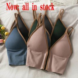 Camisoles Tanks Korean striped crop tops slim fit spaghetti strap tanke top women built in bra off shoulder sleeveless versatile camisole ins 230403