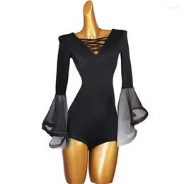 Stage Wear Flowing Flare Sleeves Modern Dance One Piece Top Line Strap National Standard Social Latin Dress
