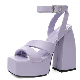 Sandals Ladies Platform Chunky Heeled Ankle Strap With Rhinestones Buckle Women Strappy High Heels Open Toe Shoes Summer Purple