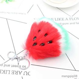 Keychains Lanyards Cute Soft Keyring Car Chic Fruit Bag Charm Watermelon Fur Ball Keychain Bag Plush Car Key Ring Car Key Pendant R231103