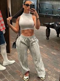 Women's Pants HOUZHOU Grey Sweatpants Women Hippie Baggy Striped Pleated Trousers Vintage Aesthetic Patchwork Joggers Casual Sports