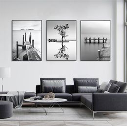 Black White Minimalist Landscape Art Painting Canvas Prints Bridge Boat Posters Wall For Living Room Modern Home Decor6463766