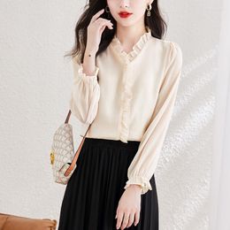 Women's Blouses Chiffon French Shirt For Women Summer 2023 In Solid Casual Loose Fashion Long Sleeve Silk Ruffle Top O-Neck