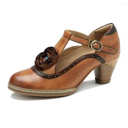 Sapatos de vestido 36-42 Salto robusto Vintage Mary Jane T Strap de salto alto para mulheres Bombas marrons