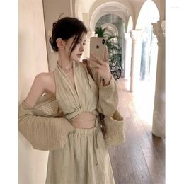 Work Dresses Girl Casual Suit Women's Summer Knitted Short Coat Halter Neck Slim Top Long Skirt Three-piece Set Fashion Female Clothes