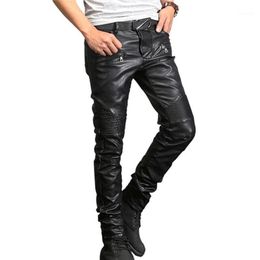 France Style Mens Ripped Moto Pants Ribbed Skinny Black PU Leather Biker Slim Trousers Pencil Size 29-401 Men's294w