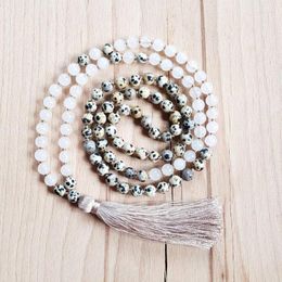 Chains 6mm White Stone & Dalmatian J-asper Mala Necklace 108 Yoga Beads Handmade Tassel Traditional Knotted Jeweley