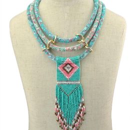 Boho Indian Multi Layered Bib Collar Necklace Handmade Resin Beaded Long Tassel Flower Statement Necklaces Women African Jewellery Y239v